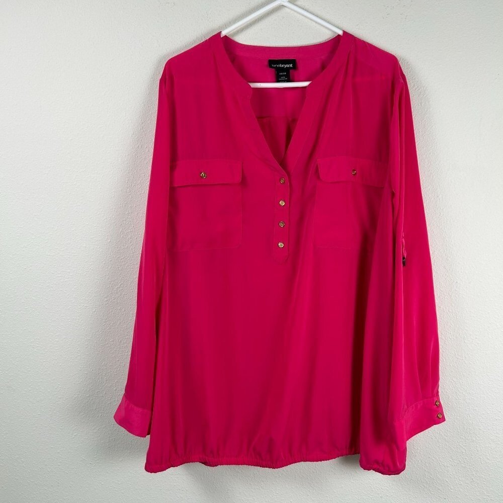 Lane Bryant Blouse Womens Size 26 28 Bright Pink Elastic Waist Roll Tab Sleeves